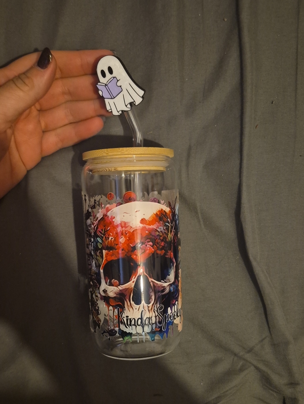 Skull & Floral Glass Tumbler with Ghost Straw Topper